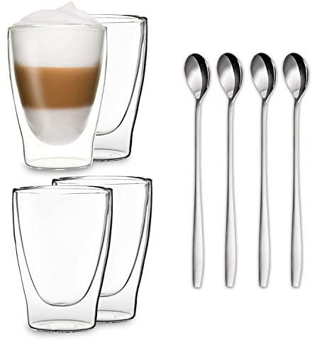 DUOS® Latte Macchiato Gläser 4x 400ml + 4x Löffel, Cappuccino Tassen, Eiskaffee Doppelwandige Kaffeegläser, Cappuccino Gläser