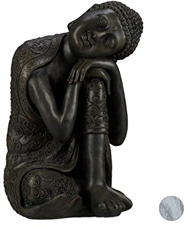 Relaxdays Buddha Figur geneigter Kopf, XL 60cm, Asia Gartenfigur, Dekofigur Wohnzimmer, frost- & wetterfest, dunkelgrau
