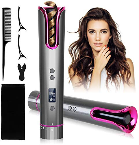Ferro Arricciacapelli Automatico, Sucastle Bigodino Automatico Cordless, Bigodino Rotante Portatile Ricaricabile USB,Arric Intelligente con Antiscottatura. Con 4 Temperatura e 6 Timer, LCD Schermo.