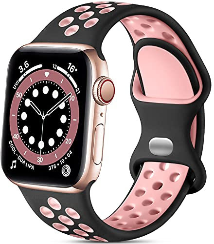 Epova Correa Deporte Compatible con Apple Watch 40mm 38mm 41mm 42mm, Mujeres Hombres Pulsera de Silicona Transpirable para iWatch SE Series 10 9 8 7 6 5 4 3 2 1, Negro/Rosa, Pequeño