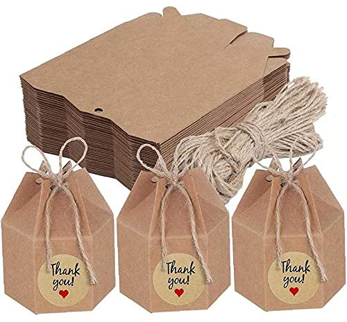 50 Stücke Kraftpapier Tüten Geschenkbox, Süßigkeiten Boxen aus Papier, DIY Party Geschenkboxen, Kommt mit Seil und Aufklebern, für Hochzeitsempfang, Geburtstagsfeier, Verlobungsfeier (Braun)