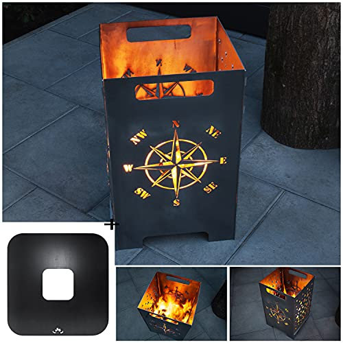 teileplus24 FT04 Feuertonne + Feuerplatte | Komplettset | Feuerkorb + Grillplatte | Groß Eckig, Design:Kompass & Grillplatte