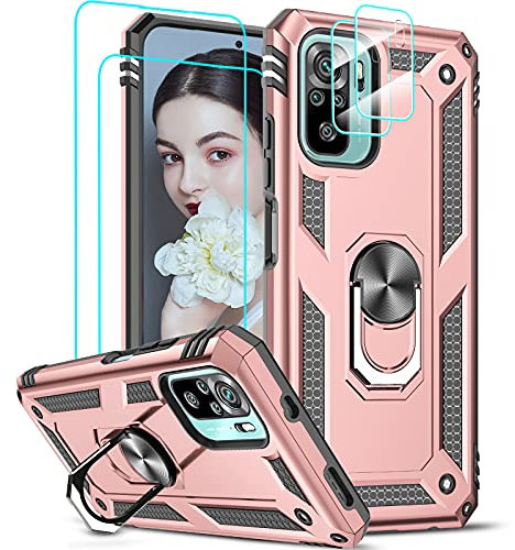 LeYi Hülle für Xiaomi Redmi Note 10 4G/Note 10S Stoßfest Handyhülle mit 2*Panzerglas Schutz Folie & 2*Kamera Abdeckung,Kratzfest Case Metallring Halter Ständer Handy Hüllen Schutzhülle Cover Rosegold