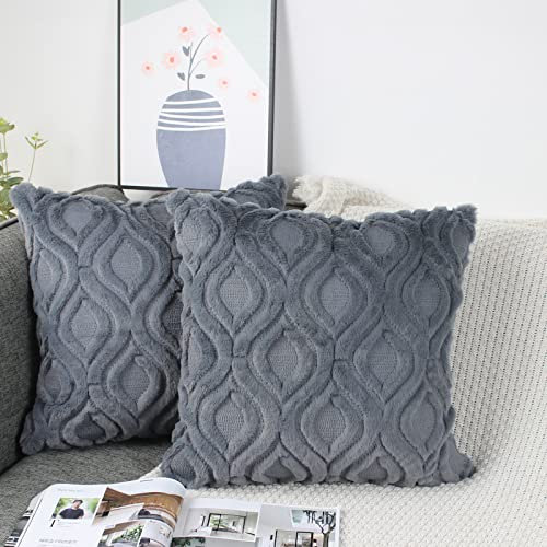 NIULAA 2er Set Plüsch Wolle Kissenbezug 50x50 Anthrazit Grau Samt Boho Deko Kissen Flauschig Couchkissen Dekokissen Fell Kissenbezüge für Sofa Wohnzimmer Modern Kissenhülle Bezug Sofakissen