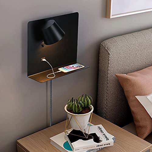 INJAK Bedside Wall Mount Light with USB Port and Switch, Black Wall Sconce with Plug in Cord, Large Wall Lamp with Shelf Holding for Bedroom, Living Room and Hotel 2700k Warm Lighting