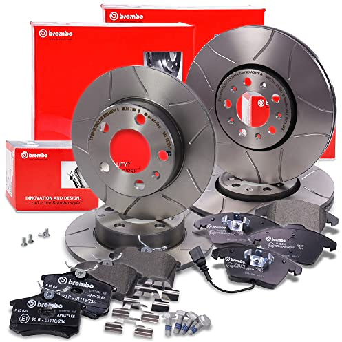 BREMBO Bremsenset inkl Geschlitzte Sport-Bremsscheiben Vorne Ø 288 mm Belüftet + Hinten Ø 230 mm Voll + Bremsbeläge Vorne und Hinten + Verschleißkontakt