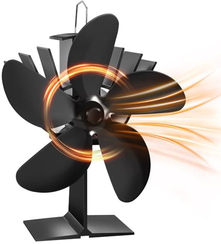 foedo Holzofen-Ventilator, wärmebetrieben, 5-flügeliger Kaminventilator für Holz/Kamin/Holzbrenner, effizient warme Luft, Kokonventilator (schwarz, 5 Flügel)