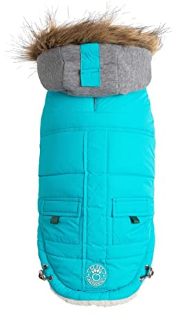 GF Pet Hundeparka, Winterjacke, Matrosen, Warmer Mantel für Hunde, mit Fleece gefüttert, veganes Fell, mit Kapuze, Aqua, Größe M
