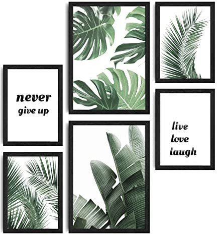 decomonkey | 6er Poster Set mit schwarzem Rahmen | Natur Pflanzen | 4 x DIN A4 & 2 x DIN A3 | Wohnzimmer Schlafzimmer Wandposter Blider Collage Modern Wanddeko Grün Laub Sprüche Motivierende
