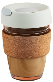 Hosoncovy 350ML Reusable Glass Coffee Cup with Cork Sleeve Heat Resistant Cork Band Travel Coffee Mug with Lid 12 OZ Coffee Cup (White)
