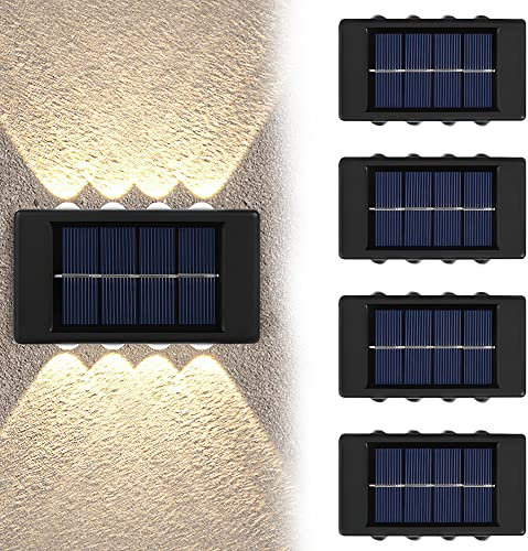 LUFEIS Solar LED Wandleuchte, 4 Stück Wandleuchte Solar Außen, Solar LED Wandleuchte Up & Down Light Dekorative, 8 LEDs Wandleuchte Aussen, LED-Stufenlichter für Garten, Hof, Terrasse, Warmweiß