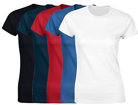 COOZO Ladies Soft Ringspun Cotton Pack of 5 Short Sleeve T-Shirts - Black/Navy/Red/Royal/White - L
