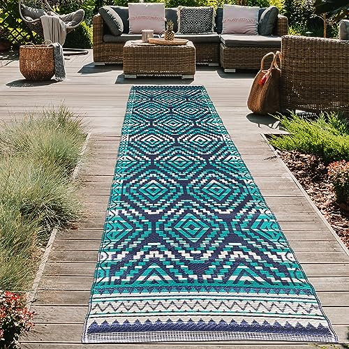 Teppich-Traum Outdoor Teppich Kunststoff wetterfest langlebig Vorzelt Campingmatte Läufer Balkon Garten Terrasse lang türkis/blau 90 x 300 cm