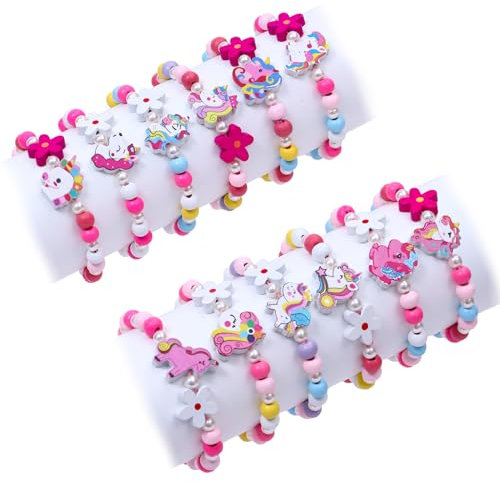 Tacobear 12pcs Licorne Bracelet Enfant Fille Coloré Bois Fleur Licorne Bijoux Élastique Bracelet Amitié pour Petits Cadeaux Anniversaire Fille Noël Fête Jouet