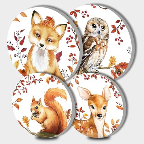 Lot de 4 housses de plaque de cuisson rondes à motif d'animaux mignons, renard, chouette, écureuil, cerf, pour cuisinières, brûleurs supérieurs jaunes, accessoires de cuisine, décoration décorative