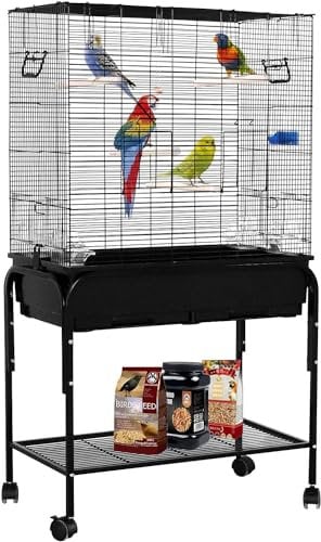 FEFE Bird Cage Budgie Cage with Stand & Storage Parrot Cage Black Iron Flight Cage for Small lovebird/Cockatiel/Parakeet/Conure/Finch/Budgie/Canary 130cm High with Stand Black