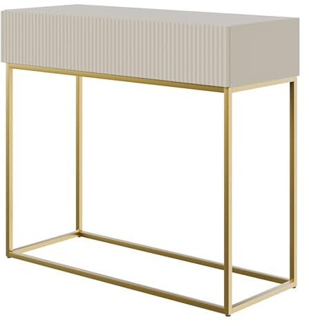 Selsey Console D'Entrée Deboute avec Tiroir À Lamelles 90 x 79 cm sur Pieds Dorés Beige Gris Veldio
