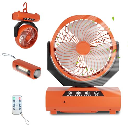 Ansobea Camping ventilator mit Haken & LED-Laterne, Tragbar 20000mAh Akku 2-in-1 Zeltventilator, 270° schwenkbar 3 Geschwindigkeiten, USB Ventilator für Camping, Picknick,Büros,Schlafzimmer(Orange)