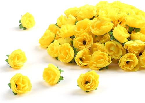 SITUMEIZI 100 Pcs 1.3 inches Mini Rose Head Artificial Roses Fake Silk Flower Yellow for Home Wedding Bouquet Flower Wall Garden DIY Party Birthday Decor