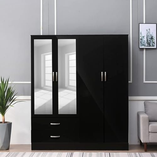 PALAKLOT 4 Door 2 Drawer Wardrobe with 2 Mirror Doors, Matt Finish in Black, White, Grey - Spacious Bedroom Storage, Stylish and Durable Flat Pack with Easy Assembly (Black)