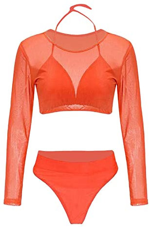 Badeanzug Sexy Pole Dance Outfit Damen Sommer Sexy Mesh Suspender Bikini Briefs Mesh Smock Dreiteiliges Set Sport Bikini Bauchweg (Orange, M)