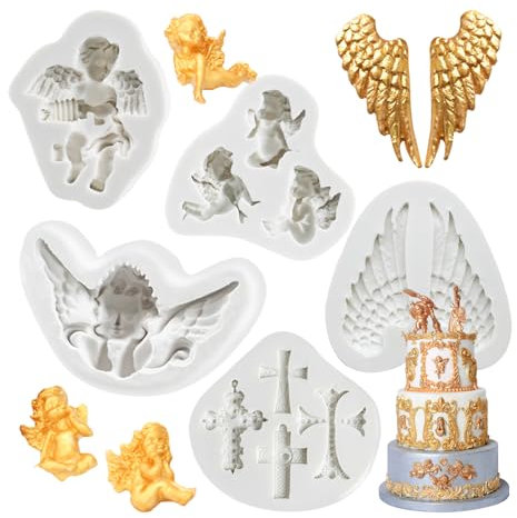 5 x Engel-Fondant-Formen, Kreuz-Schokoladenform, Silikon, Flügel, Fondant, Silikonformen für Kuchendekoration, Kuchendekoration, Schokolade, Gummi, Paste, Süßigkeiten, Polymer-Ton