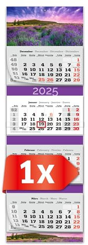 PRIMUS PRINT XXL Kalender 2025 - Mehrblock Wandkalender - 4-Monatskalender - Jahres Blockkalender - mit Datum Schieber - inklusive Feiertagen und Ferien - verschiedene Motive - [ 1x Lavendel ]