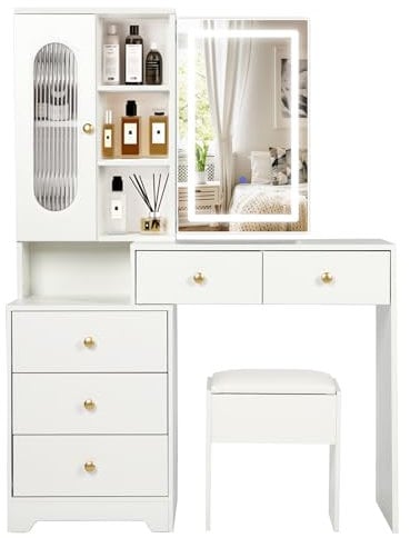 Dressing Table and Stool Set with Sliding LED Lights Mirror, Modern Vanity Table Makeup Desk with 5 Shelves & 5 Drawers, Bedroom Dressing Table Set with Sliding Tabletop & Storage Stool, White