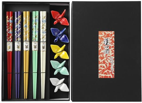 5 Paars Essstäbchen aus Holz Mit Keramik Unterleger, Schwan Chopsticks Set Mit Geschenkbox, Wiederverwendbares Asiatisches Besteck Luxuriös Handgemacht