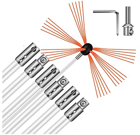HANFEN Kit De Nettoyage De Cheminée Kit De Ramonage, Brosse De Cheminée avec 10 Tiges Flexibles en Nylon, Kit De Brosse De Cheminée Rotative Entraînée par Perceuse for Ramoner(6 m)