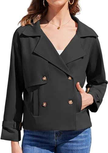 Tuopuda Trench Court Femme Trench Coats Printemps Automne Double Boutonnage Blazer Manteau Jacket Col Rabattu Classique Coupe Vent Veste OL Bureau Affaires Outerwear Léger Casual, Noir, L