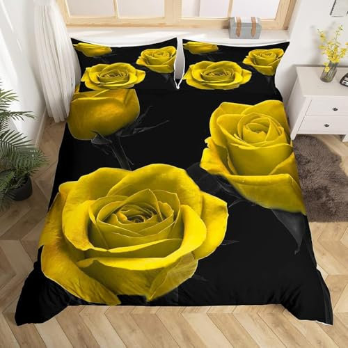 NDXRWDZR Single Bedding Set Yellow Rose Duvet Cover for Kids Soft Hypoallergenic Microfiber Duvet Cover with Zipper Closure, 1 Duvet Cover 135x200 cm + 2 Pillowcases 50x75 cm
