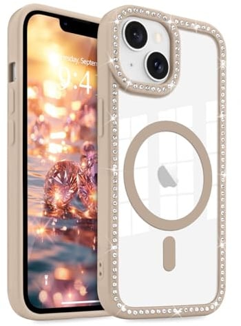 LCHULLE Magnetic Clear Glitter Phone Case for iPhone 14/13, Coffee | Compatible with MagSafe, Bling Sparkly Diamond Rhinestone Cute Design for Women Girls, Hard PC Back Cover Soft TPU Bumper