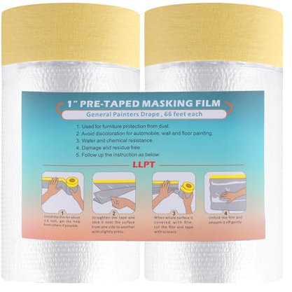 LLPT Abdeckfolie Klebeband mit Folie | 2 Rollen | Transparent Abdeckfolie Selbstklebende Malerfolie Malerband | Zum Schutz von Autos Wänden Staub und Spritzschutz (MFTW652) | 65cm(ungefaltet) x 20m