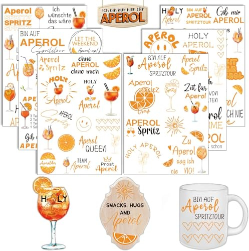 6 Stück Aperol Aufkleber, A5 Rub on Aperol Sticker, Rub on Folie Transferaufkleber, Sprüche für Raysin, Möbel, Glas, Holz, Scrapbooking, DIY Basteln Deko