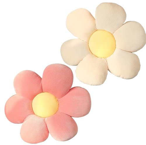 LIUYIDM 2 Pièces Coussin Fleur, 40x40cm Coussin Marguerite, Coussin de siège en Forme de Fleur, Tapis de Sol Coussins de siège Canapé pour la Maison, Le canapé et la Voiture(Rose et Blanc)