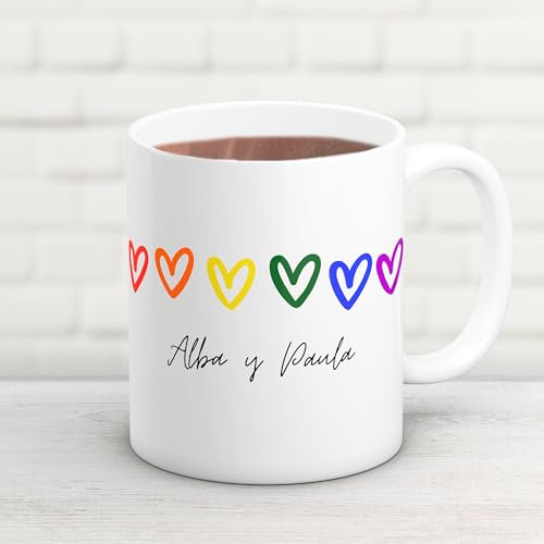 Cristal Plaque Taza Cerámica Personalizada Corazones LGTBI y texto – Acabado Premium, Asa Ergonómica– Regalo Día de San Valentín, Cumpleaños, Día del Orgullo y Aniversario
