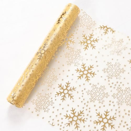 5m Weihnachten Tischläufer, Organza Stoff Tischläufer Gold Weihnachtsdeko Innen, Deko Wohnzimmer Durchscheinende Weihnachtstischläufer Mit Goldenen Schneeflocken Bedruckt, Christmas Decorations