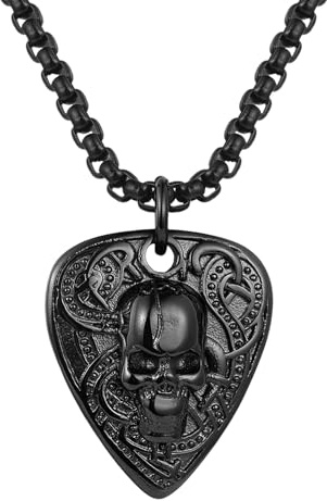 Flongo Gitarren Plektrum Halskette für Herren: Gold Totenkopf Punk Rock Edelstahl Anhänger mit Gravuroption - Personalisierte Gitarrenpick Halter Kette - Musik Geschenk für Gitarristen