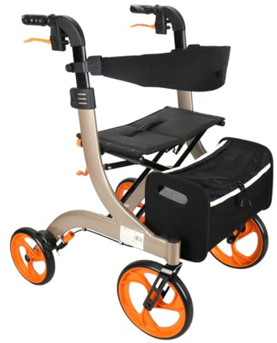 FBJAMZ Walker Rollstuhl-Kombination, klappbarer Aluminium-Rollator mit Sitz, verstellbarem Griff und Aufbewahrungstasche (Gold)