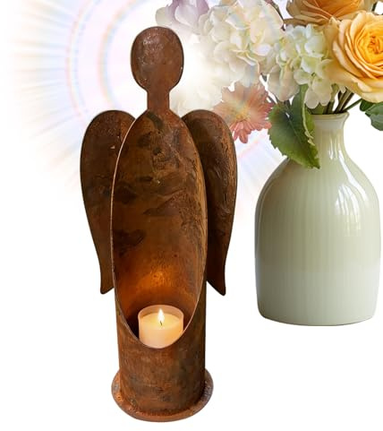 Kerzenhalter Engel – Antiker Ständer, 10,5 x 25 cm, Kunstskulptur aus Eisen, eleganter Vintage-Stil, mit rustikaler Beschichtung | Ornament für Hochzeit, Haus, Weihnachten, Ausstellung D