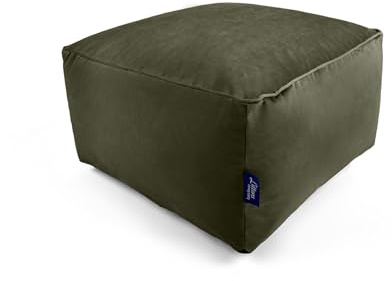Littens Olive Green Square Footstool Bean Bag, Soft Luxury Velvet, Ottoman Pouffe, Living Room Decorative Low Seat, Piped Detailing (45cm x 45cm x 25cm)