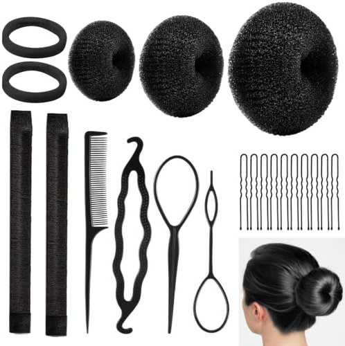 Black Hair Donut Bun Maker Set – Hair Donut Bun Shaper, Bun Makers for Hair, Hair Accessories for Women Girls, DIY Hair Donuts for Buns, Donut Bun Tool Kit for Ballet & Chignon Styles 21Pcs