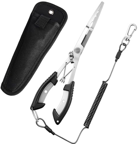 Bubuny Angelzange Multifunktionale Spitzzange zum Angeln, Hakenlöser Angelzangen Set mit Schlüsselband, Arretierbare Angel Fisch Zange aus Edelstahl für Salzwasser und Süßwasser