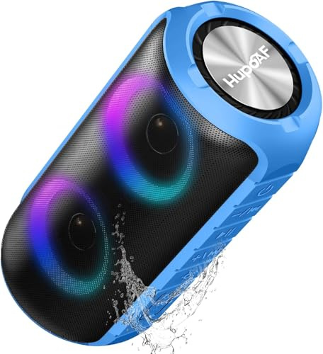 Hupoaf Bluetooth Lautsprecher mit Licht, 2026 Musikbox Tragbarer Bluetooth Box mit 52mm Durchmesser Dual Lautsprecher, Tiefer Bass, IPX7 Wasserdicht Outdoor Speaker für Reisen/Party/Strand【Neues】