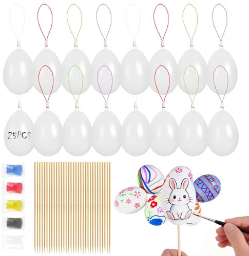 XWCHASA 25 Stück Plastik Ostereier zum Bemalen, Plastikeier Weiß mit Aufhängeschnur, Bambusspießen, Knete, Ostereier Bemalen Kinder, Ostern Deko, Osterdekoration, Ostern Basteln Kinder