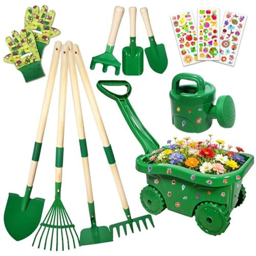 Carriola per bambini, set di attrezzi da giardino per bambini da 13 pezzi, set da giardino con carriola per bambini, con pala, rastrello, annaffiatoio, guanti (A)
