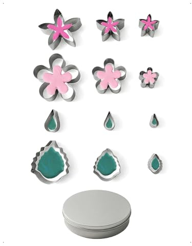 KONFEN Lot de 12 Emporte Piece Fleur Ensemble en acier inoxydable, Pâtisserie pour l'anniversaire, emporte-pièce à fondant Pâtisserie et les Desserts Multiusages, Avec boîte de rangement