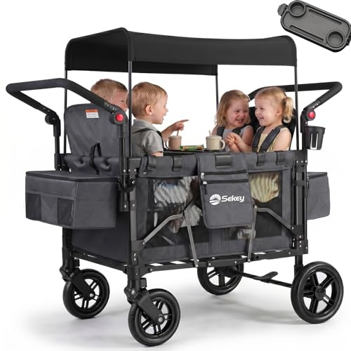 Sekey Bollerwagen für 2-4 Kinder, Kinderwagen Faltbar mit Dach 4-Kinder, Duo Schiebegriff Handwagen mit 4 integrierten 5-Punkt-Gurtsystem, 4 Sitzer Zwillingskinderwagen SS7070, Schwarz