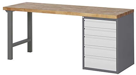STIER Werkbank Premium, 5 Schubladen, 200x70x89cm, robustes Design aus pulverbeschichtetem Stahl und Buche, ideal für umfangreiche und vielseitige Werkstattarbeiten